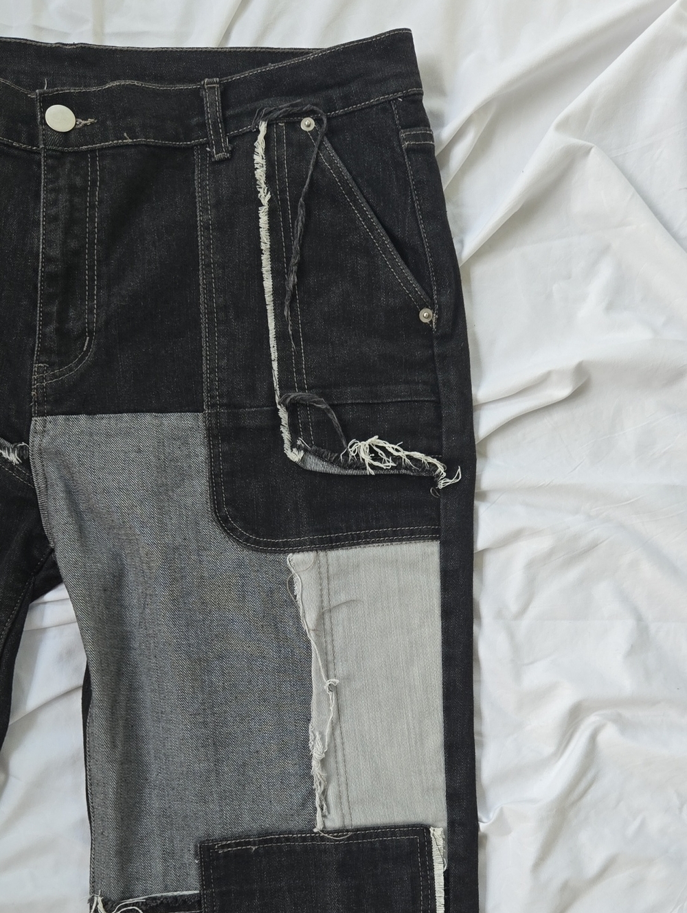 Mens Cool Black Jeans With Multi Patch Work Different Colors & Fringe Front Only - Picture 7 of 9